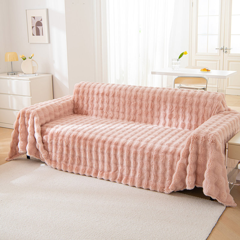 1-Piece Faux Fur Box Cushion Slipcover, 71" H x 134" W, Pink