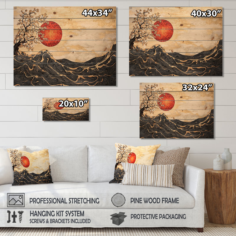 Soleil éternel du paysage japonais III - Art mural traditionnel en bois sur bois de pin naturel, H 24 po x l 32 po