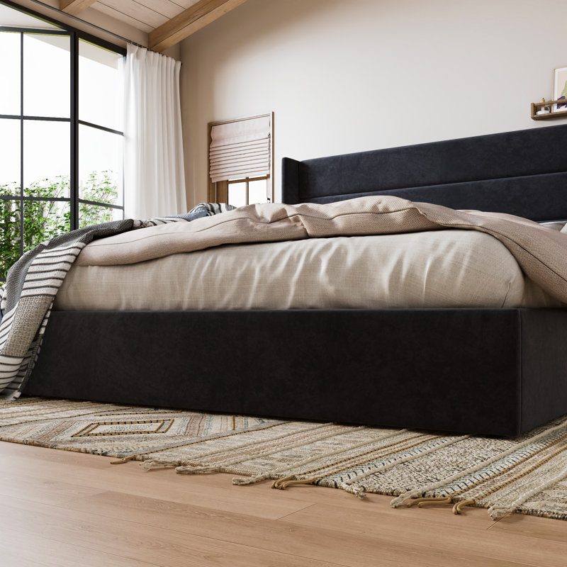 Hydraulic Lift Up Storage Upholstered Platform Bed, Black, King