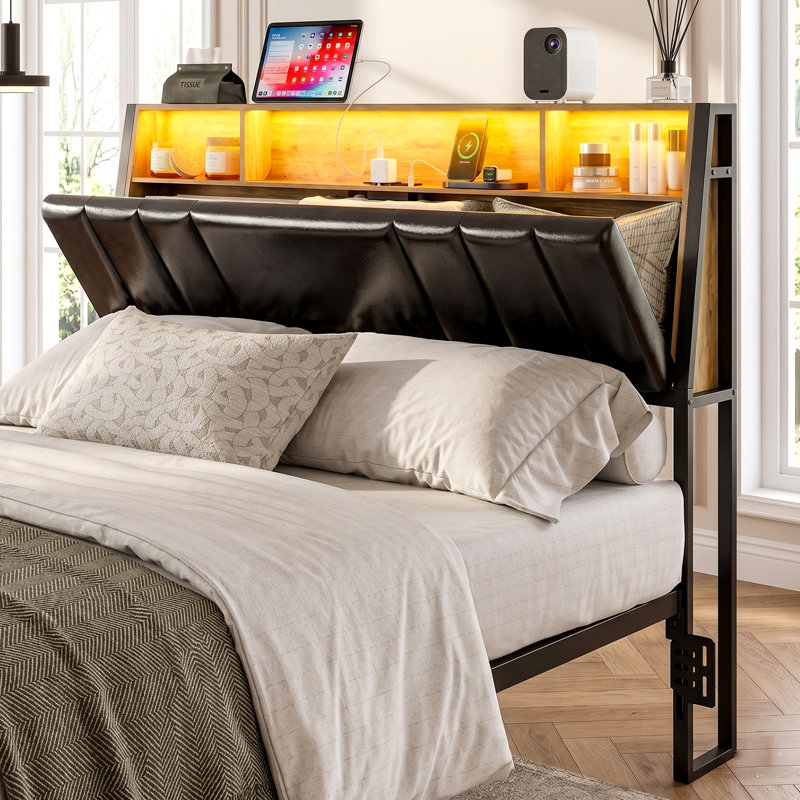 Queen Size Hidden Storage Headboard With Led Lights, Ergonomic Upholstered Queen Headboard Only With 2 Outlets, Charging Station & 2 Usb Ports, Easy Assembly, Attach Frame, Black