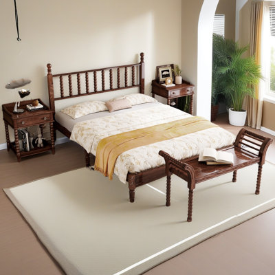 4-Pieces Retro Style Bedroom Sets, Queen Size Platform Bed With Gourd Shaped Headboard, Storage Nightstand And Bench With Turned Legs