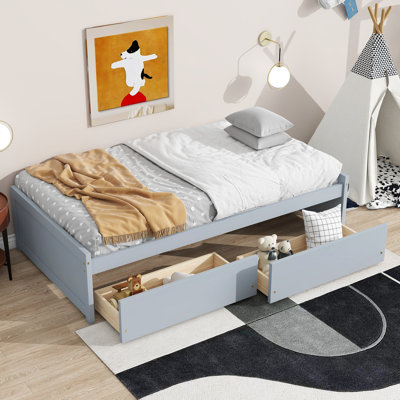Lit simple en bois - 2 tiroirs de rangement pour économiser de l'espace (gris)
