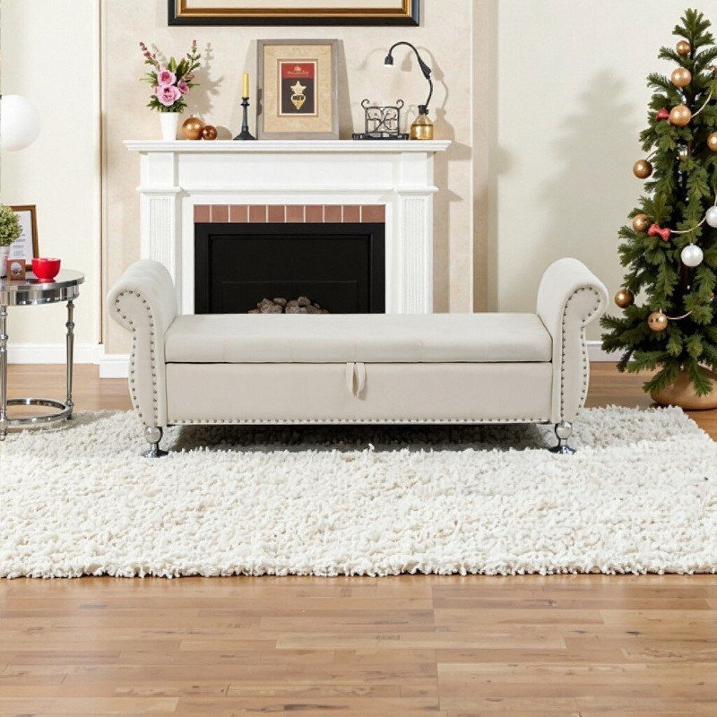 Banc de rangement avec repose-pieds en velours avec boutons en cristal, structure en bois et pieds en métal, Beige