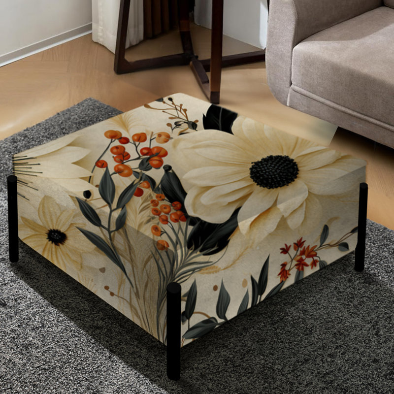 Motif de chrysanthèmes noir et beige à motif floral - Grand repose-pieds carré floral