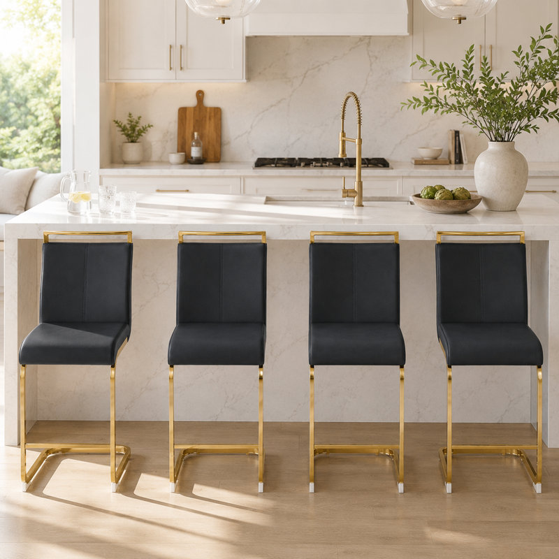 Tabourets de bar modernes en porte-à-faux rembourrés avec repose-pieds, Doré, Noir