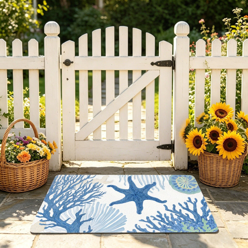 Doorstep Porch Blue Coral Starfish Front Door Mat, 24"x 36", Blue & White