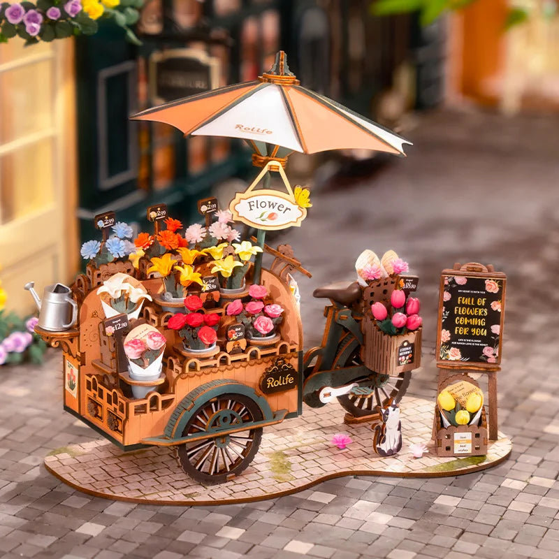 3D Wooden Blossom Cart Puzzle Kit - Decorative Craft Model For Adults And Children