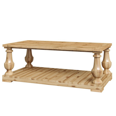 Farmhouse Pine Wood Coffee Table with Storage Shelf, 2-Tier Table with Turned Legs in Natural