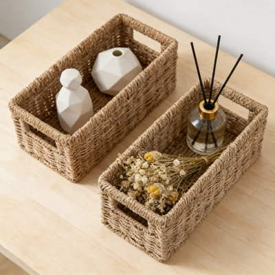 Handwoven Paper Rope Storage Baskets With Handles, 2-Pack Wicker Organizer Bins For Bathroom, Living Room, And Home Decor