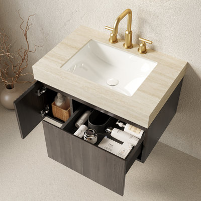Meuble-lavabo 30 po, armoire de rangement flottante en contreplaqué avec tiroir et porte, comptoir en pierre frittée Roma Travertine et lavabo en céramique avec 3 trous de robinet pré-percés