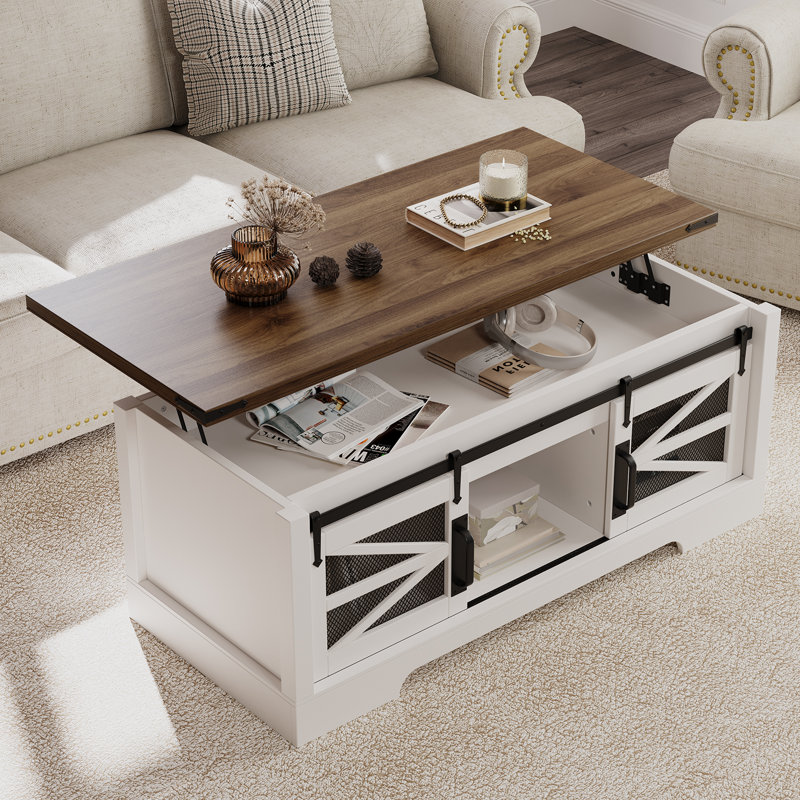 47.2" Lift Top Coffee Table, Farmhouse Living Room Table with Sliding Groove Barn Doors, Rustic Wood Center Table with Large Storage, White Rectangle Coffee Table for Living Room, Brown Top