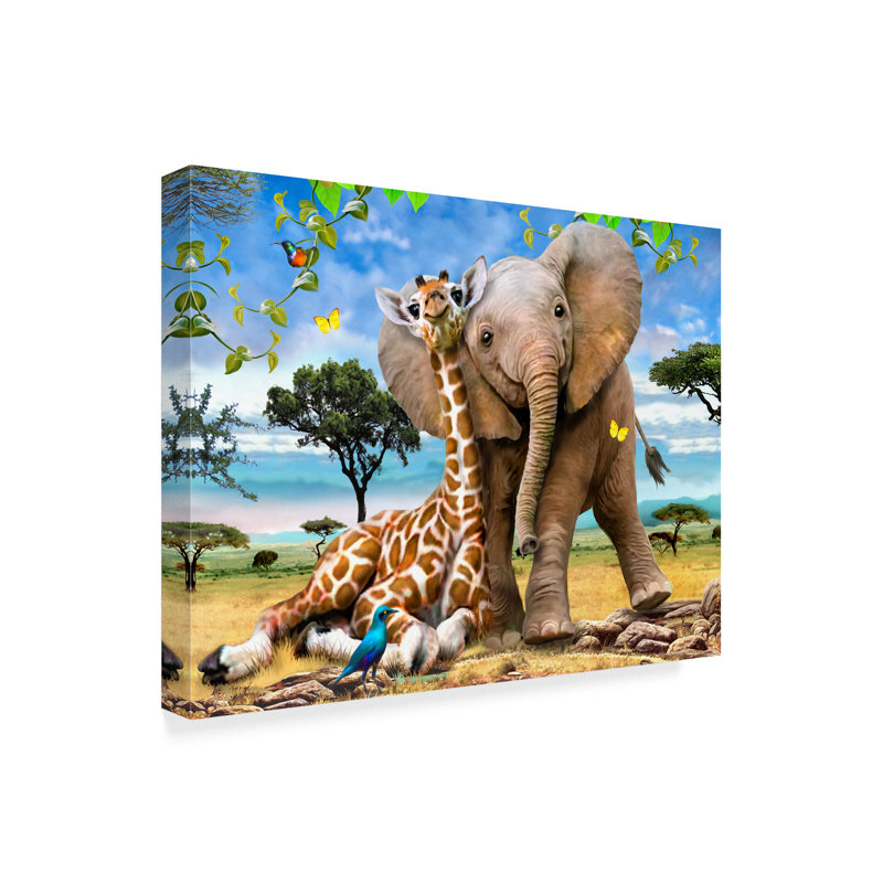 «Elephants and Giraffes», reproduction de peinture acrylique sur toile tendue, H 24 po x l 32 po x P 2 po