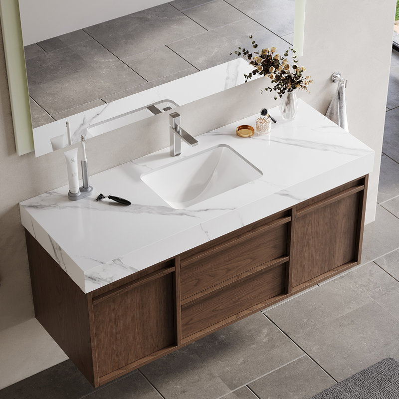 Comptoir de meuble-lavabo à simple cuve en pierre frittée 48 po x 19 po avec lavabo en céramique intégré, comptoir de salle de bain moderne pré-percé, lavabo en céramique encastré
