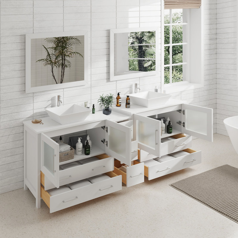  Ensemble de meuble-lavabo autoportant en bois 84 po avec plateau en marbre et miroirs assortis, Blanc