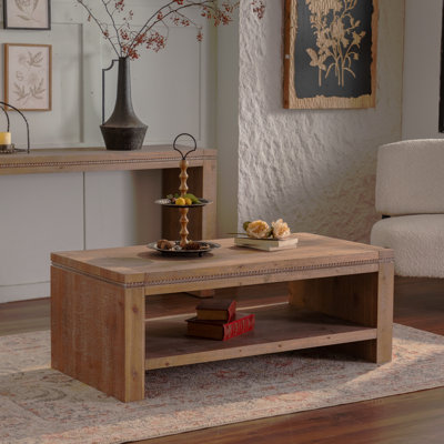 Solid wood,Rectangle Coffee Table with Solid Wood for Living Room, Large 2-Tier Rustic Coffee Table with Storage Shelf, Office and Apartment, Easy Ass