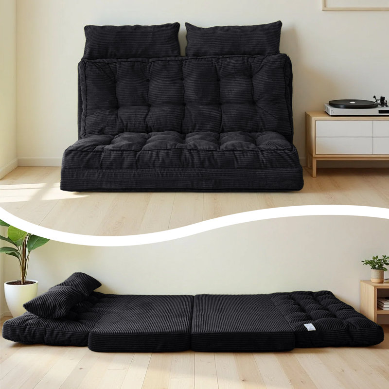 Canapé-lit Corduroy, Velours côtelé noir, 4.7" H x 37" W x 89" D