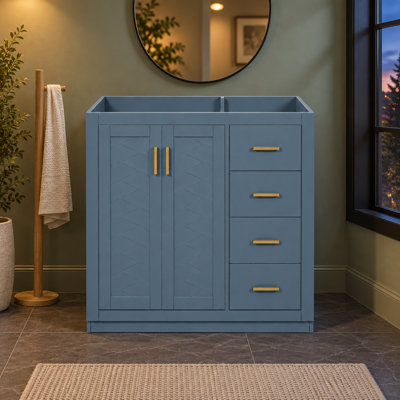 Meuble-lavabo autoportant de 90,8 cm (35,74 po) sans lavabo, structure en bois massif, 3 tiroirs et portes à fermeture douce, style moderne bleu
