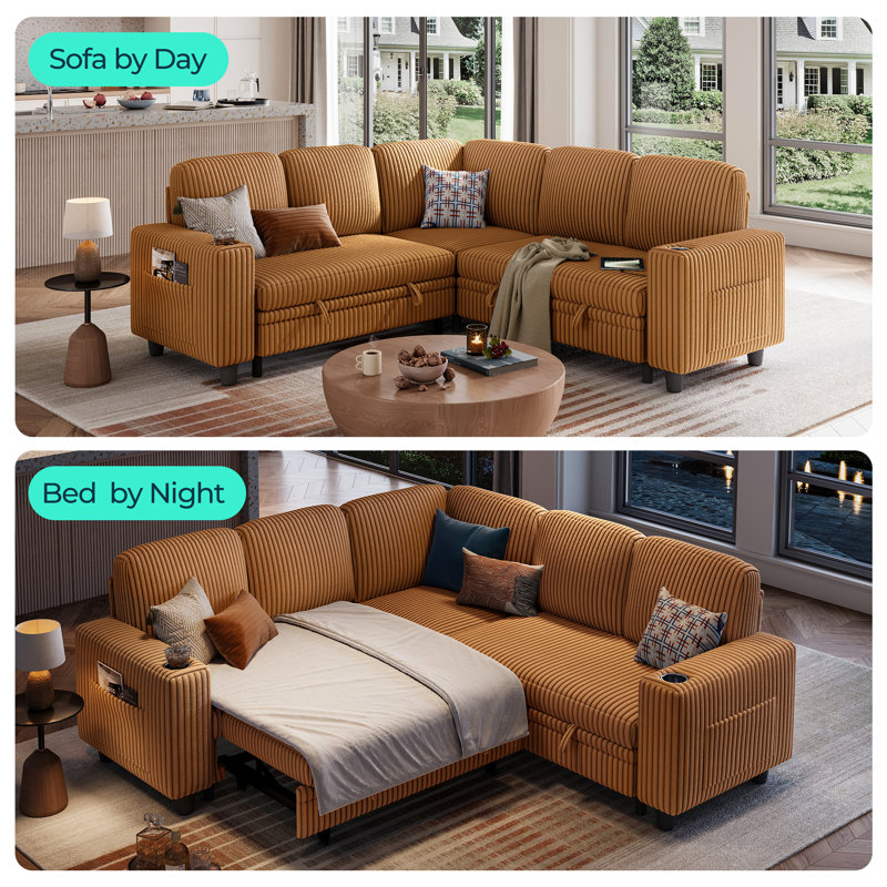 Sherry 81'' Upholstered Modular Sectionals with Pull-out Sofa, Storage Chaise, USB Charging & Cup Holders, Soren Brown