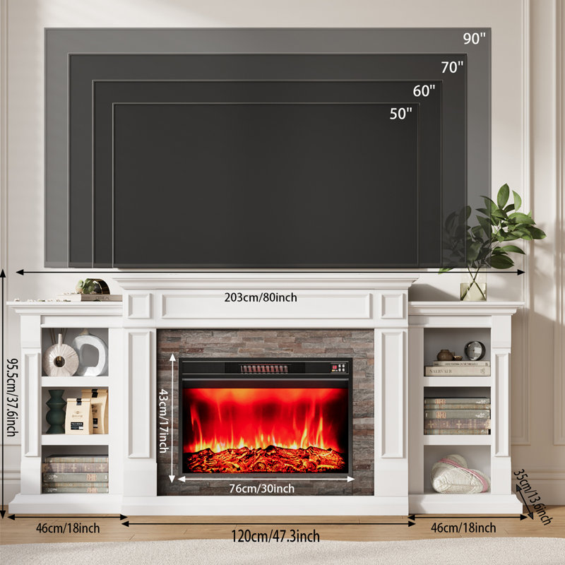Winston Porter 80" Electric Fireplace Mantel With 30" Electric Fireplace, Fireplace Tv Stand For Tvs Up To 90 Inch, White