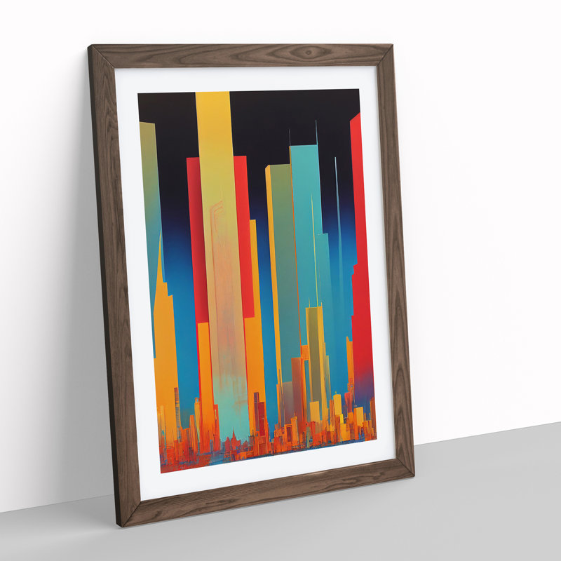 Animated City Skyline Abstract - Wall Art, 46cm H x 34cm W, Walnut Framed