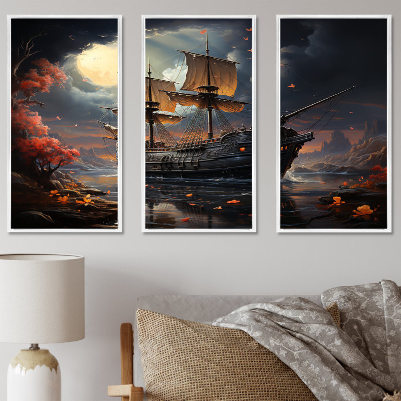Pirate Ship Nightly Voyage I - Art mural pirate, Cadre flottant blanc, H 40 po x l 61 po