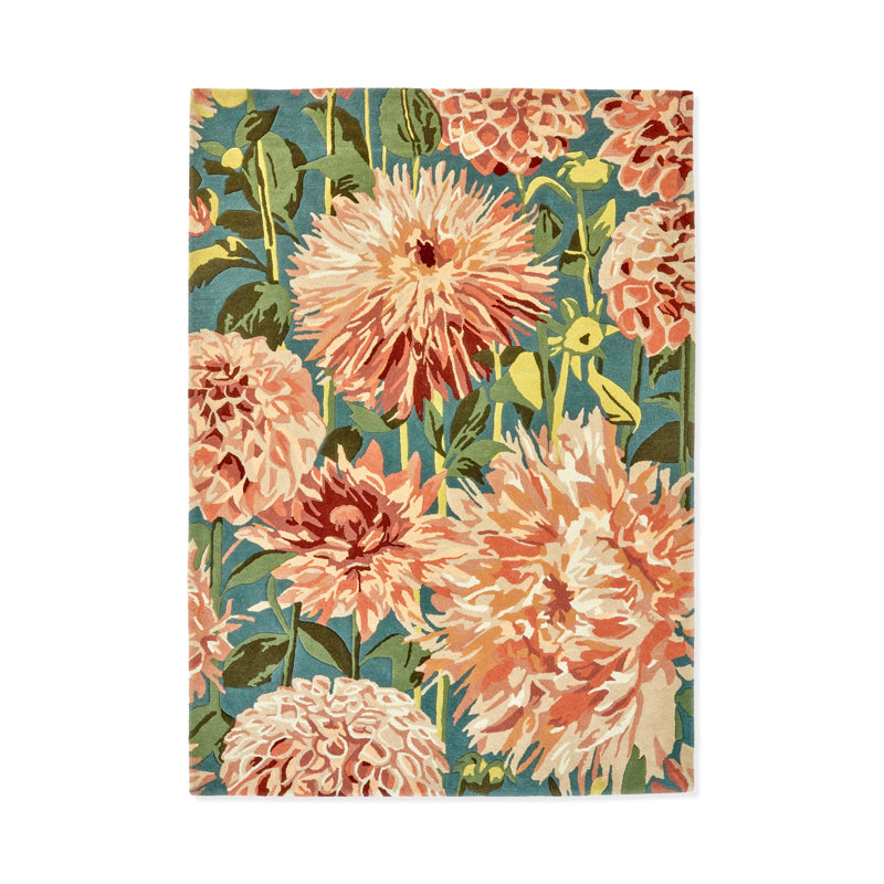 Wool Floral Area Rug in Green/Blue/Light Orange, Rectangle 4'7" x 6'7"