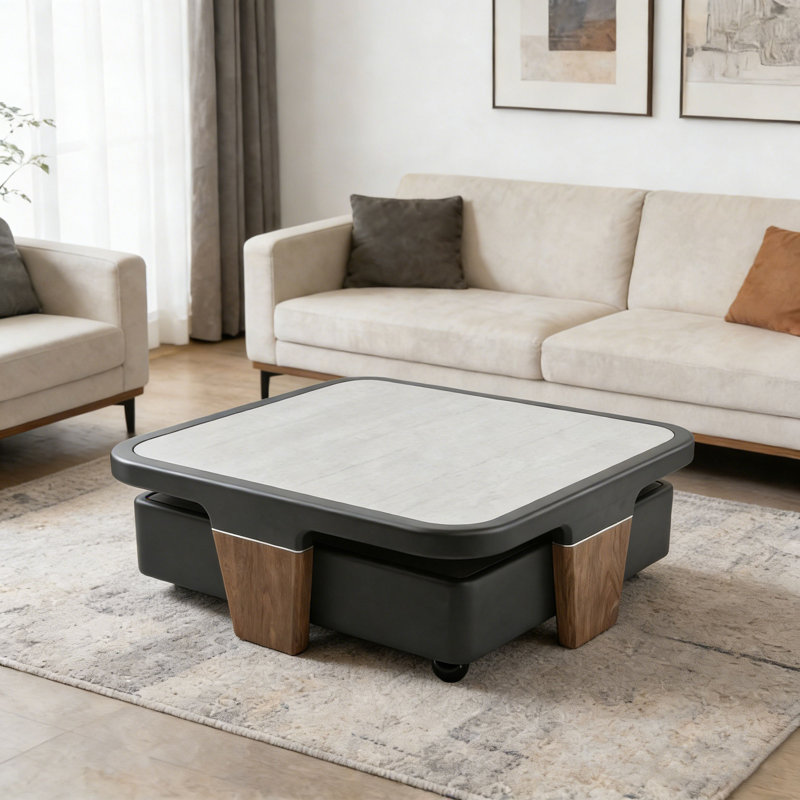 Table basse 31,5 "à 59" avec rangement, table centrale carrée moderne en bois avec plateau bicolore pour le salon