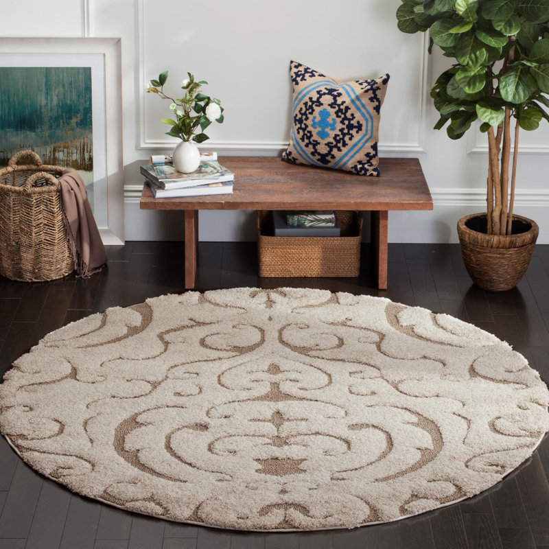 Elwin Shag Performance Damask Rug, Square 6'7"