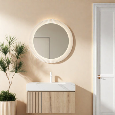 Meuble-lavabo moderne avec rangement, chêne blanc et pierre frittée, conception flottante