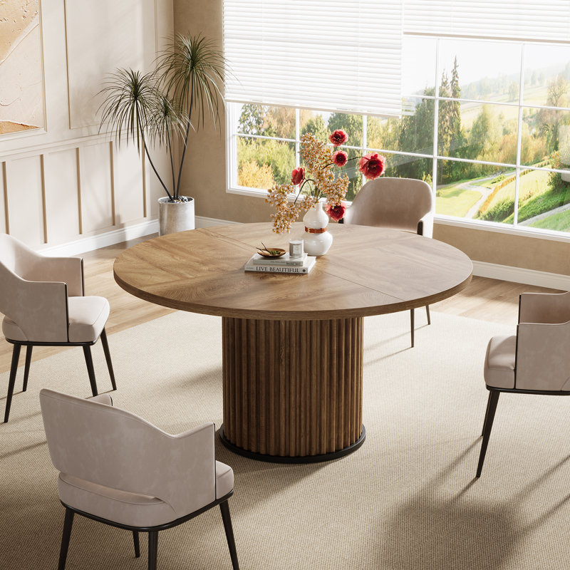 Table de salle à manger ronde, table de cuisine circulaire en bois de 47,2 pouces avec base cannelée robuste, salle à manger moderne