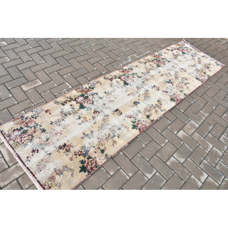 Tapis de couloir beige turc tissé à la main, idéal pour les escaliers de style bohémien et les décorations décoratives dans le couloir, avec un design Oushak rétro unique