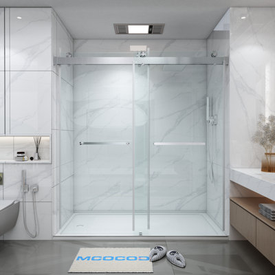 46-48.75 in. W x 76 in. H Double Sliding Frameless Shower Door with Soft-Closing and 3/8 in. Clear Glass -  MCOCOD, MCO-DS13-48-Brushed