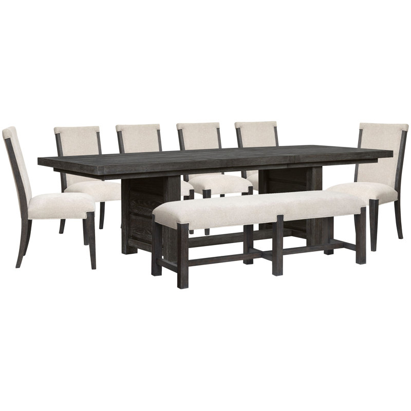 Table de salle à manger extensible à tréteaux avec 6 chaises d'appoint rembourrées et banc, 8 pièces: table, 6 chaises, banc