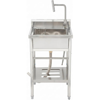 Évier utilitaire à cuve simple en acier inoxydable de 22 po x P 20 po x P 39 po, évier de cuisine commercial avec robinet d'eau froide rotatif à 360 °, tablette de rangement et pieds réglables pour le restaurant, le café et le garage