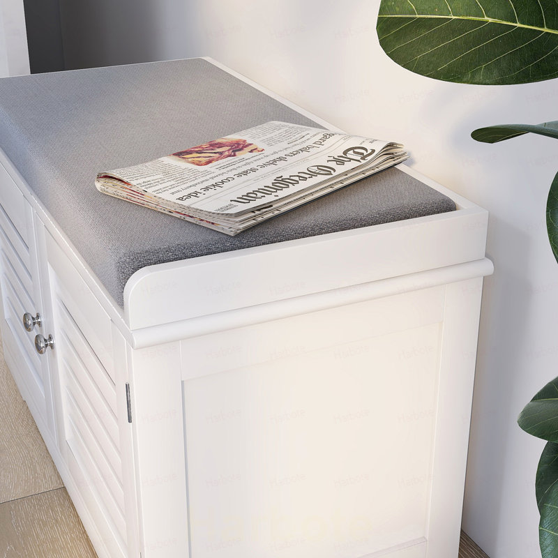 Banc de rangement pour chaussures avec coussin de siège rembourré, banc d'entrée avec 2 portes de grange