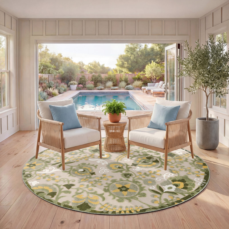 Tapis intérieur / extérieur floral Davar, Rond 5 pi 3 po