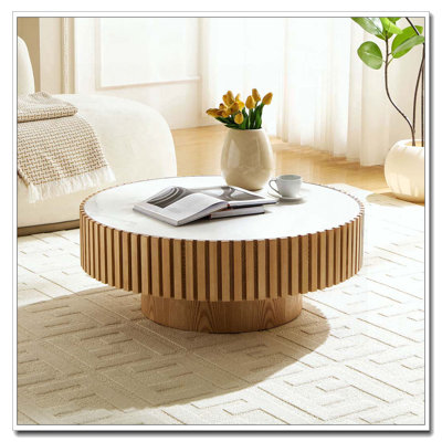 35.43" W Round Sintered Stone and Manufactured Wood Coffee Table with Pedestal Base