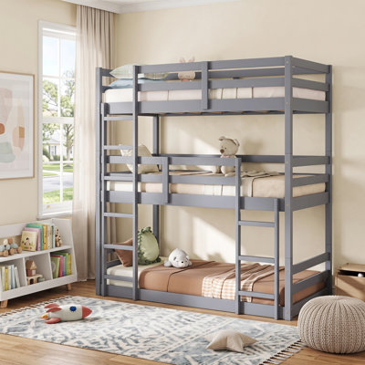 Triple lit simple superposé en bois d'hévéa détachable avec échelles intégrées et garde-corps pleine longueur, lit superposé simple au-dessus d'un lit simple au dessus d'un lit simple