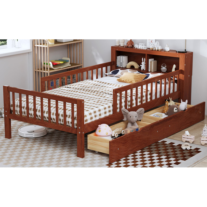 Lit simple avec support de tête de lit, deux tiroirs sous le lit, garde-corps à trois côtés, Brun