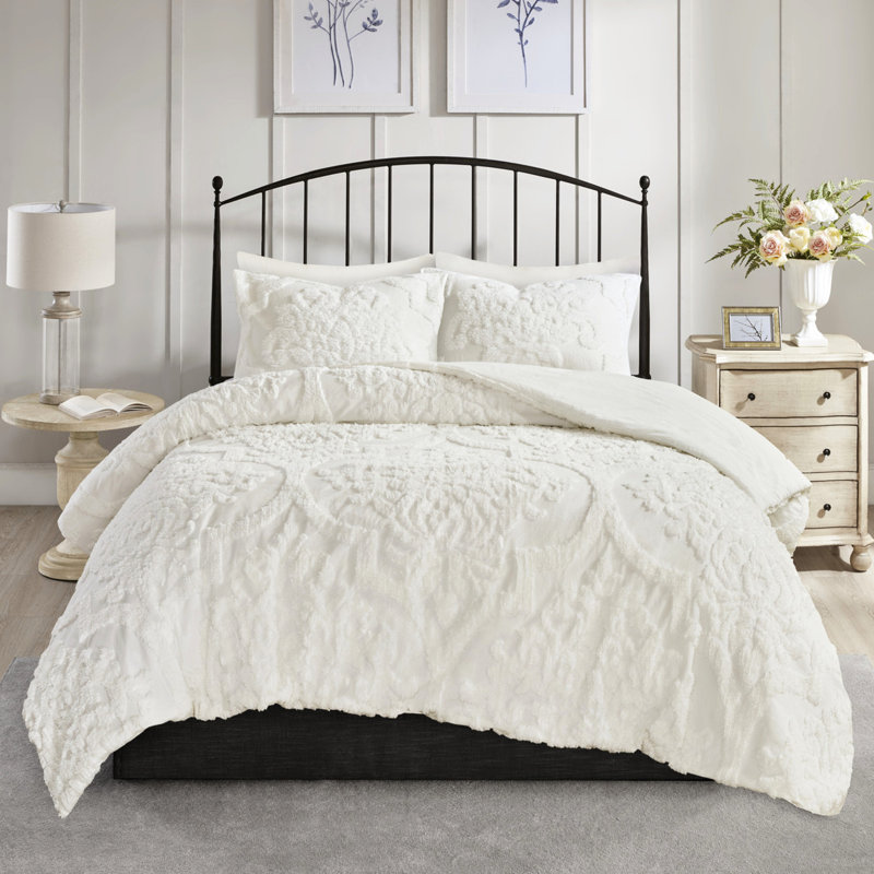 Édredon 3 pièces - Literie de style chenille chic pour lit double / grand lit, Édredon double et 2 taies décoratives