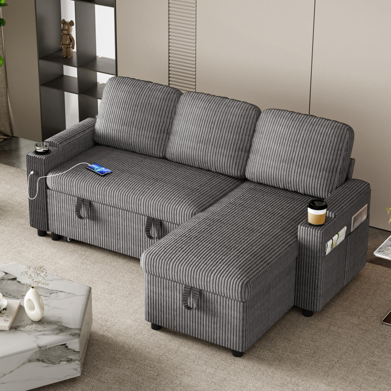 3 Seater Fabric Sofa & Chaise, Grey Corduroy
