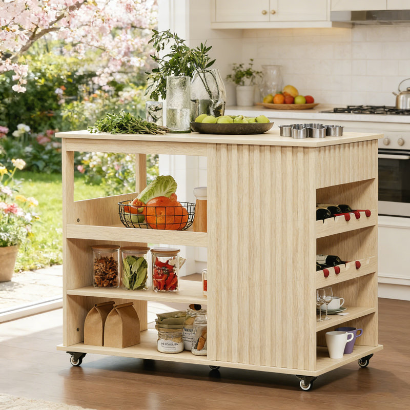 Chariot roulant pour îlot de cuisine avec support à vin, tiroir de rangement, tablettes réglables et roulettes verrouillables pour une utilisation multifonctionnelle.