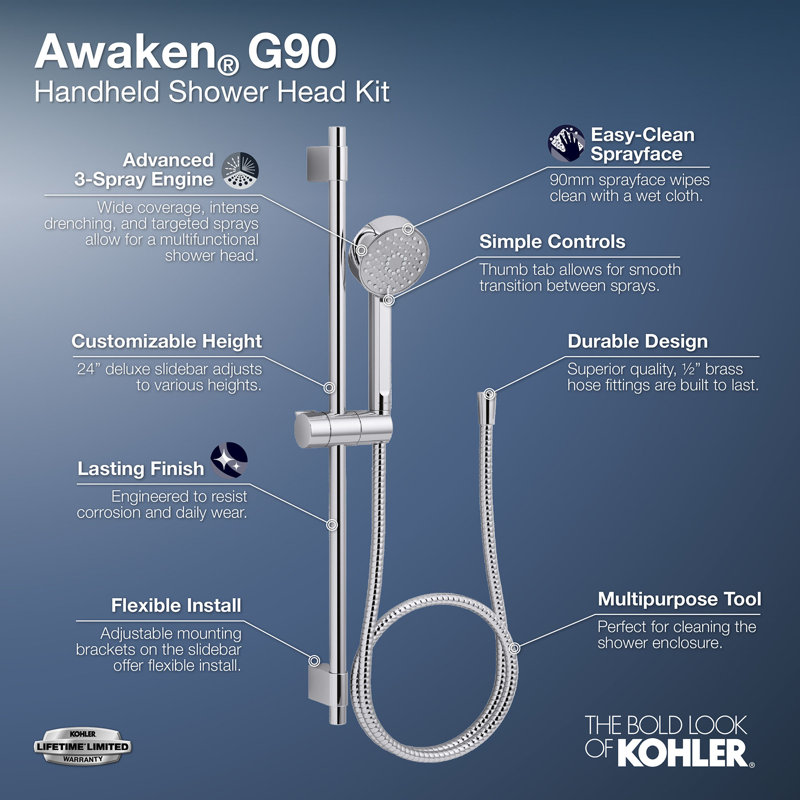 KOHLER Awaken G90 24-Inch Handshower Kit – 4-Function Spray, Polished Chrome, 2.5 GPM For A Luxurious Shower