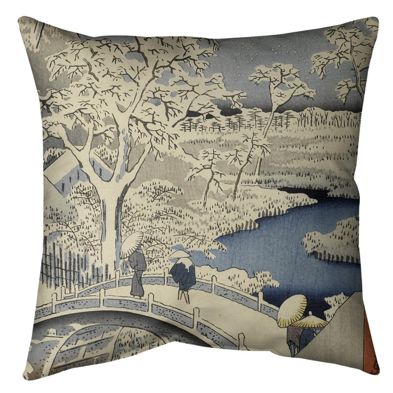 Coussin Utagawa Hiroshige Meguro Drum Bridge et Sunset Hill, 30 po x 30 po, Blanc / bleu