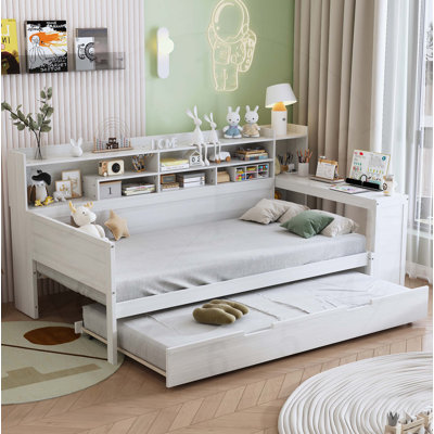 Lit de jour en bois avec tablettes de rangement, lit multifonctionnel avec lit gigogne et bureau 