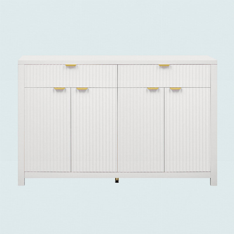 Modern Wave-Pattern Sideboard Cabinet With 2 Drawers And 4 Doors, 3-Level Adjustable Shelves, White