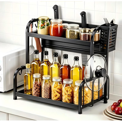 Countertop Spice Rack Organizer 2-Tier Seasoning Organizer with Metal Guardrail Design Suitable for Kitchen,Stovetop,Kitchen Island,Corner, Includes Basket