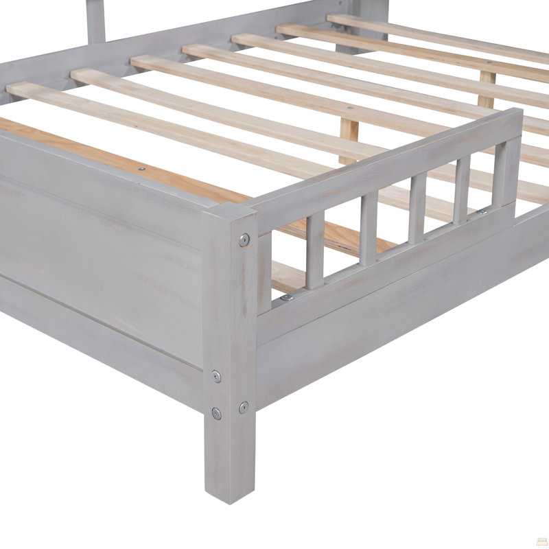 Lit plateforme en bois avec lumière à DEL intégrée, tête de lit et garde-corps, gris antique, Double, Gray