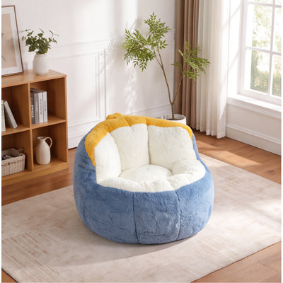 Fauteuil à billes surdimensionné en fausse fourrure multicolore, bleu / blanc / jaune, grand canapé-lit avec mousse déchiquetée, aucun assemblage requis