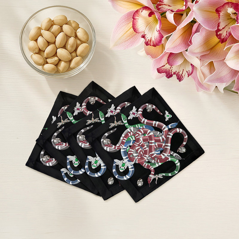 Ouroboros Cotton Sateen Cocktail Napkins, Black